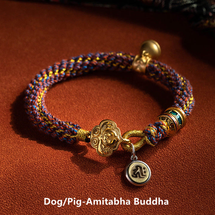 Bracelet en argent sterling 925 avec pendentif en forme de cloche porte-bonheur et symbole du zodiaque chinois Buddha Stones Om Mani Padme Hum