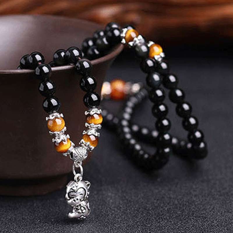 Bracelet Mala porte-bonheur en obsidienne noire et œil de tigre avec 108 perles du zodiaque chinois