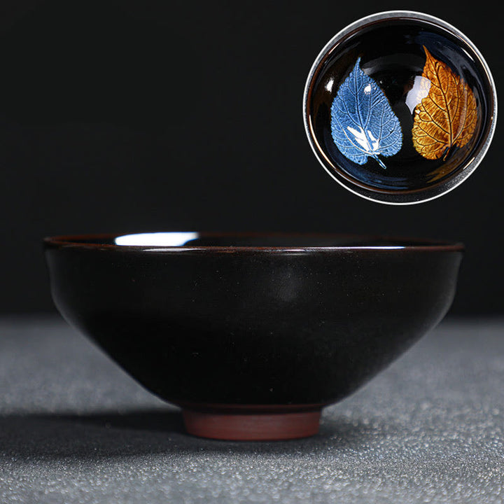 Tasse à thé en céramique chinoise Jianzhan avec feuilles d'érable dorées et Buddha Stones