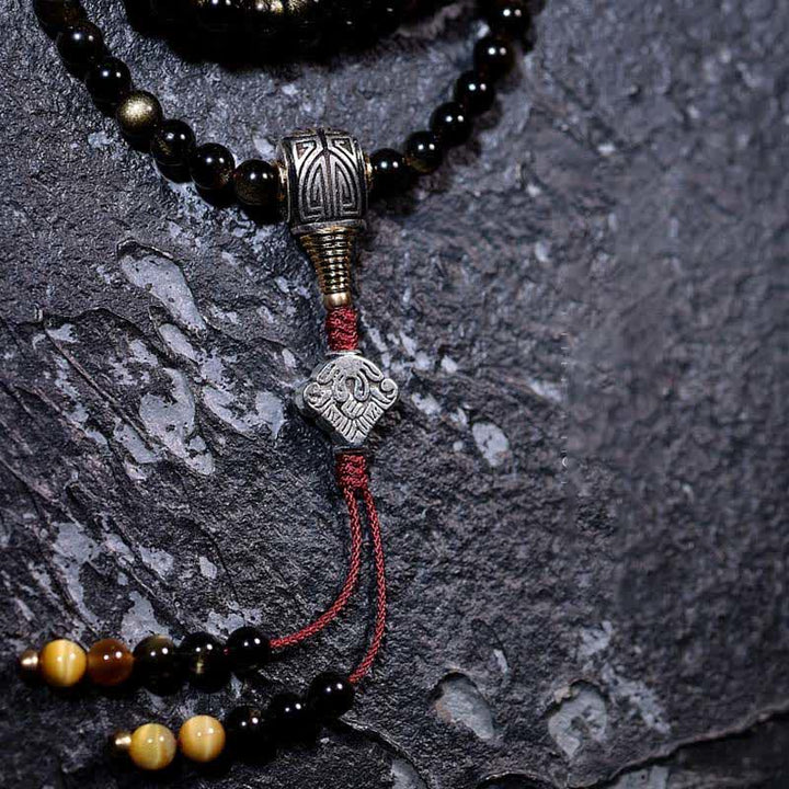 Bracelet de richesse en pierre d'oeil de tigre et d'aigle avec 108 Buddha Stones de Mala en obsidienne dorée brillante