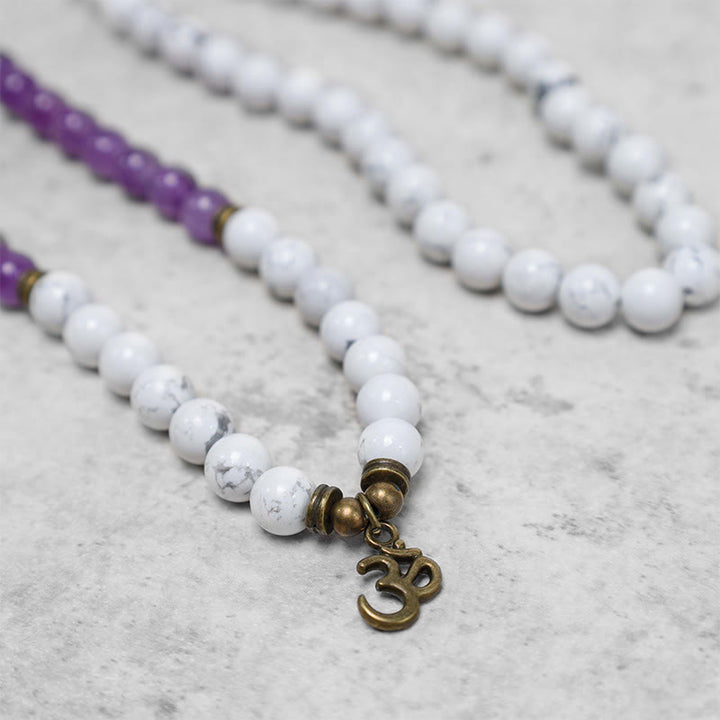 Bracelet Mala 108 Buddha Stones en améthyste blanche turquoise OM guérison énergie méditation