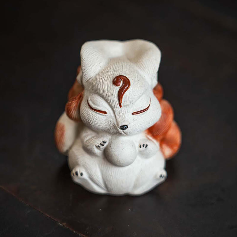 Mini renard à neuf queues en argile violette, décoration de bureau porte-bonheur en Buddha Stones - image 5