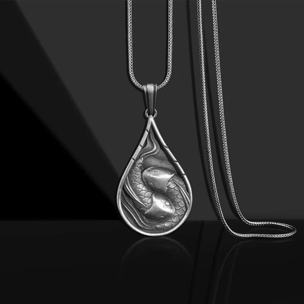 Collier pendentif en forme de goutte d'eau en étain pur avec double poisson porte-bonheur Koi et Buddha Stones - Pendentif et chaîne en forme de carpe koï - image 1