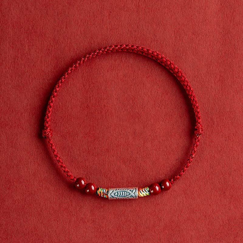 Bracelet de cheville tressé artisanal en argent sterling 925 avec perles de cinabre et poisson koï de Buddha Stones