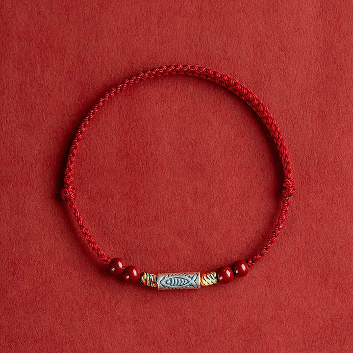Bracelet de cheville tressé artisanal en argent sterling 925 avec perles de cinabre et poisson koï de Buddha Stones