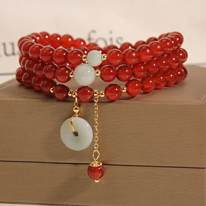 Bracelet triple tour en agate rouge naturelle et jade avec boucle de paix et calme en Buddha Stones