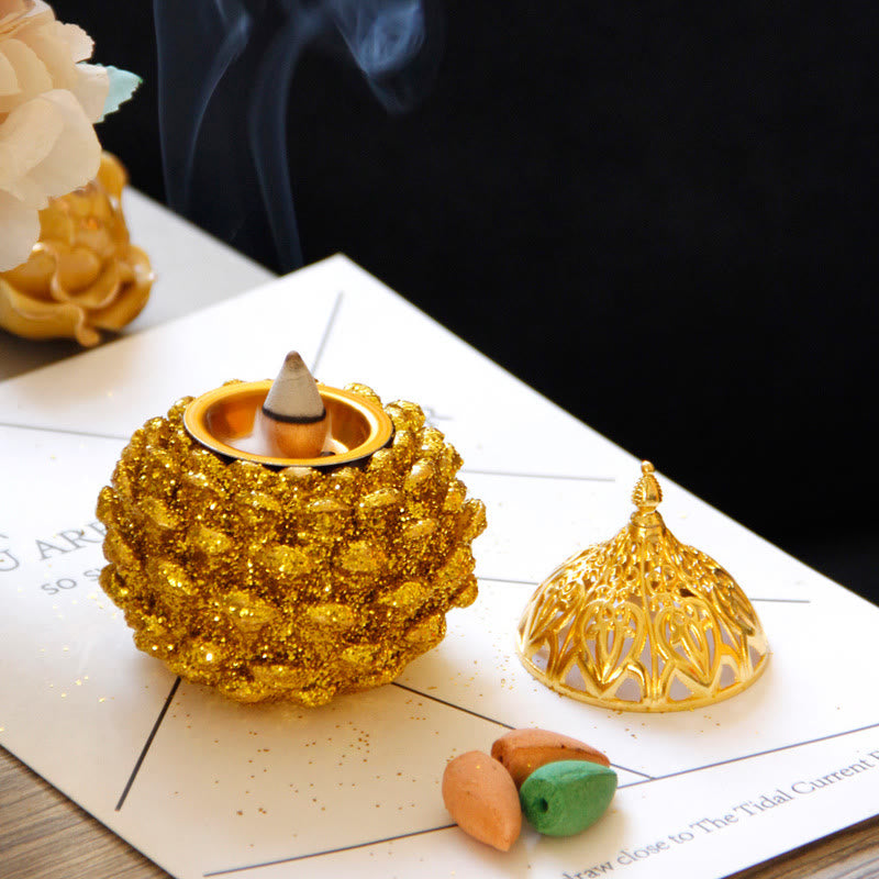 Mini brûleur d'encens à motif de pomme de pin doré pour rituels spirituels, décoration de table pour la maison