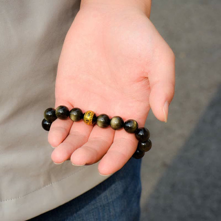 Bracelet de protection de richesse en obsidienne dorée avec Bouddha du zodiaque chinois