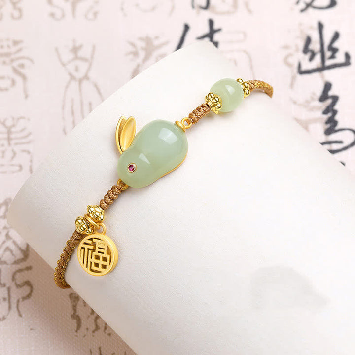 Bracelet en fil de jade Hetian Année du lapin Buddha Stones Bonheur Bénédiction Richesse