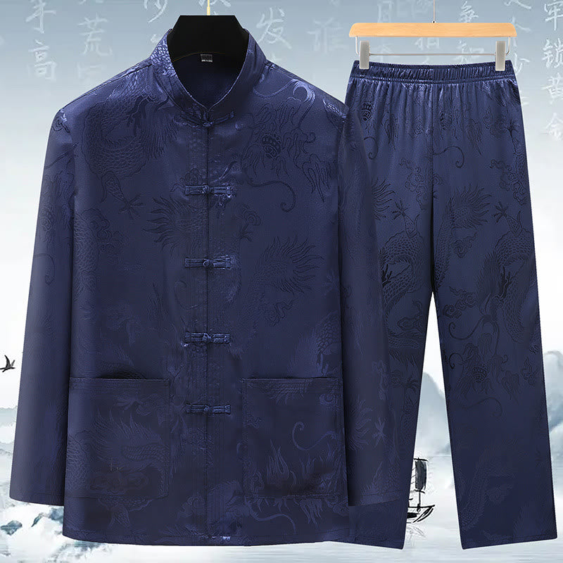 Costume Tang en Buddha Stones pour hommes, vêtements traditionnels chinois Hanfu, chemise de Kung Fu, uniforme, manteau à manches longues, hauts et pantalons, vêtements pour hommes - Bleu foncé - US/UK/AU42，EU52 (3XL) - image 13