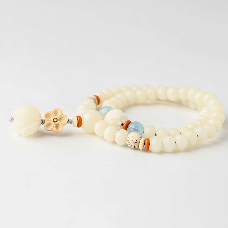 Bracelet de bénédiction Bodhi Lotus en jade blanc tibétain Buddha Stones