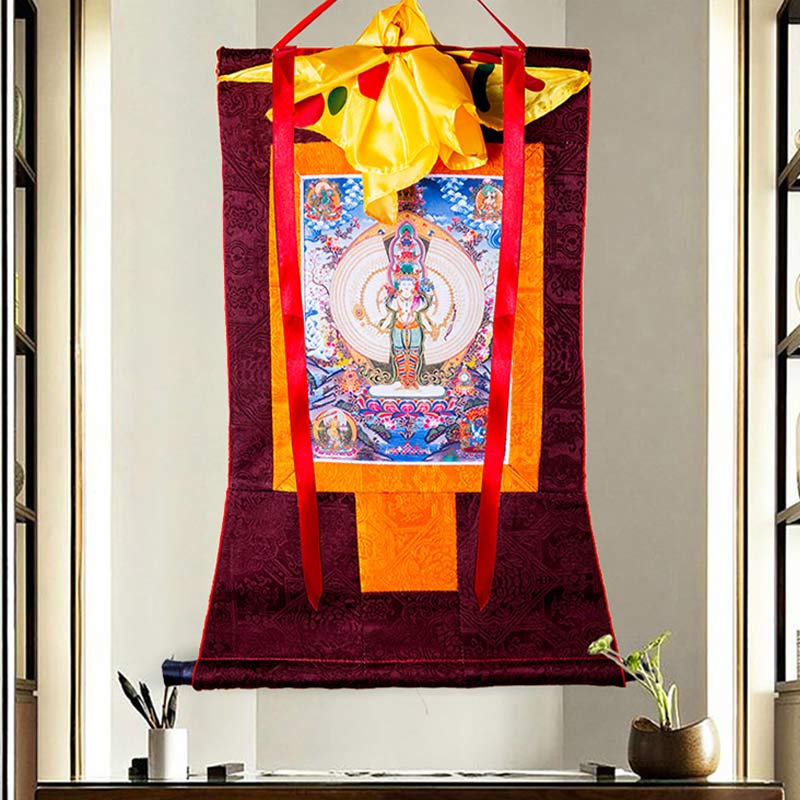 Décoration de bénédiction en forme de Thangka encadrée en Buddha Stones tibétaines à mille mains Avalokitesvara - image 4
