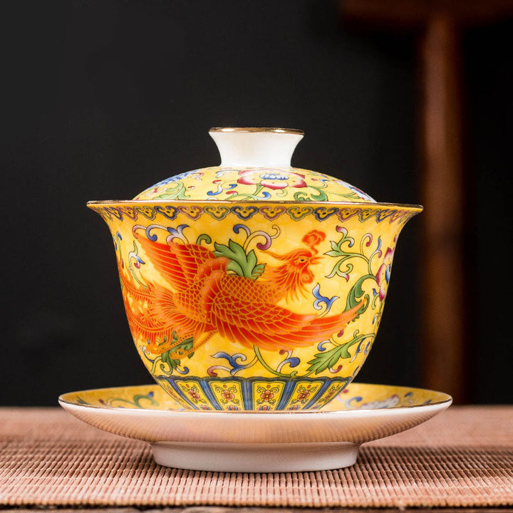Tasse à thé en céramique Gaiwan Sancai avec motif de fleurs et de dragons Buddha Stones Kung Fu et soucoupe avec couvercle