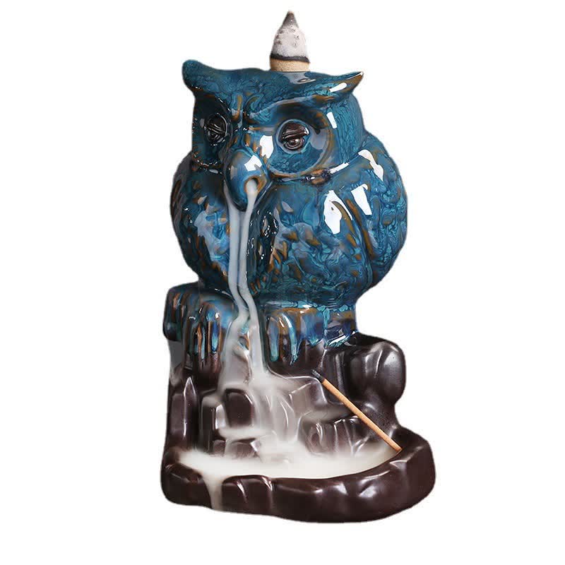 Buddha Stones Mignon Hibou Céramique Fontaine à Fumée à Refoulement Méditation Guérison Brûleur D'encens Décoration