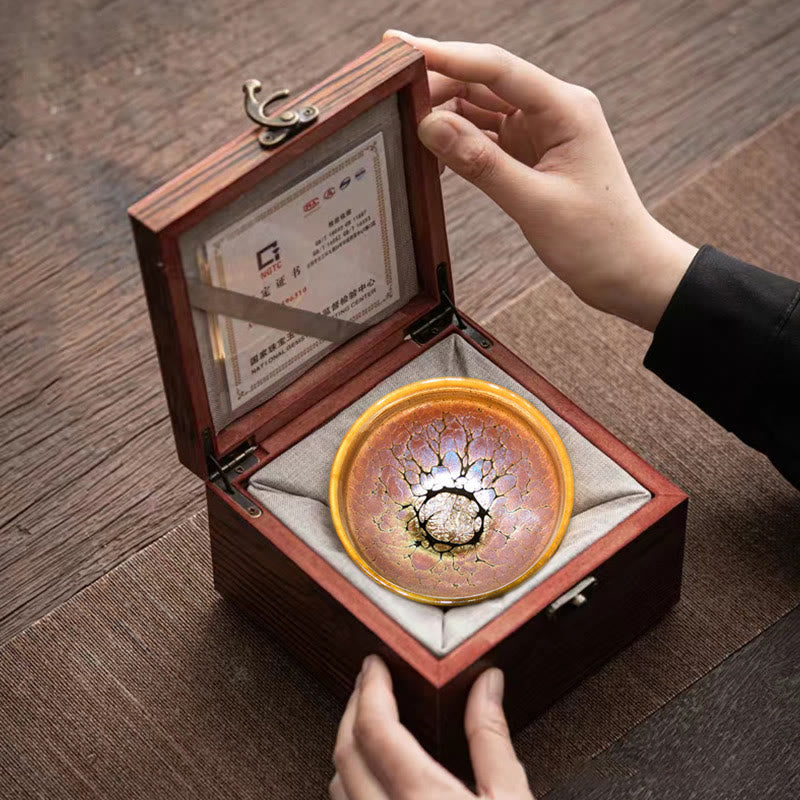 Tasse à thé en céramique chinoise Jianzhan avec motif de taches dorées et Buddha Stones , tasse à thé Kung Fu avec boîte cadeau