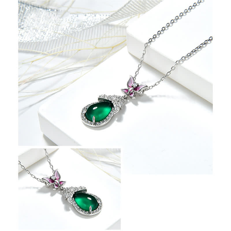 Collier pendentif courage en argent sterling 925 avec calcédoine verte et zircon papillon