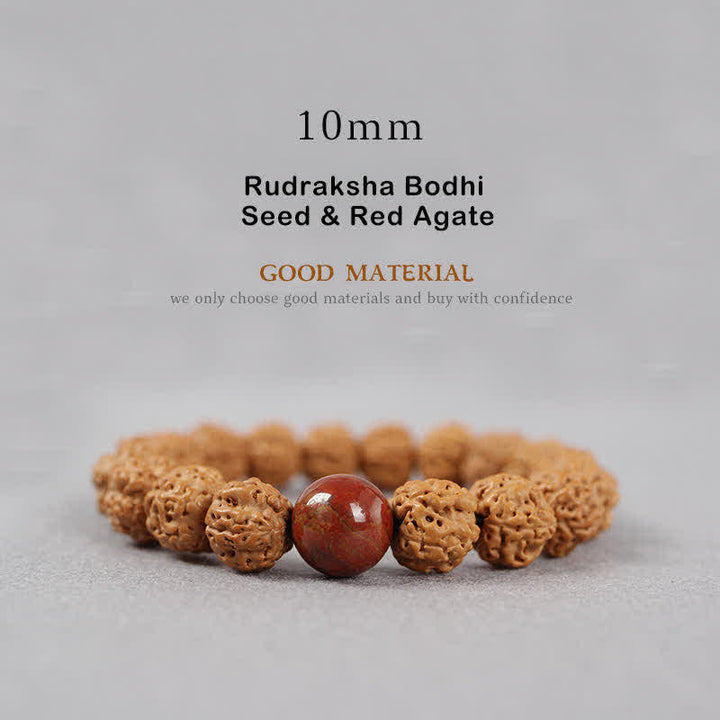 Bracelet de richesse en Buddha Stones tibétaines Rudraksha Bodhi Seed Dzi Bead Amber Turquoise - 10 mm - Graine de Rudraksha Bodhi et agate rouge - image 14