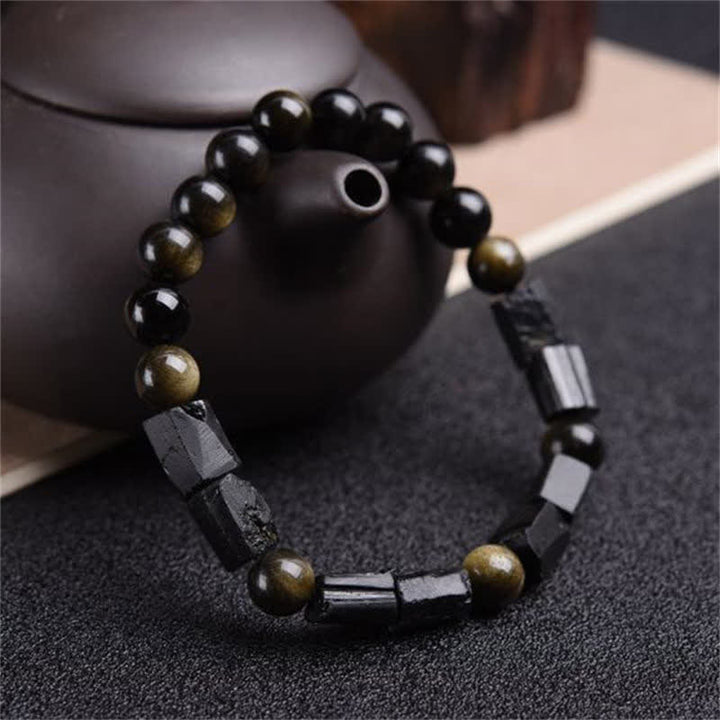 Bracelet de richesse en obsidienne et tourmaline noire avec Buddha Stones