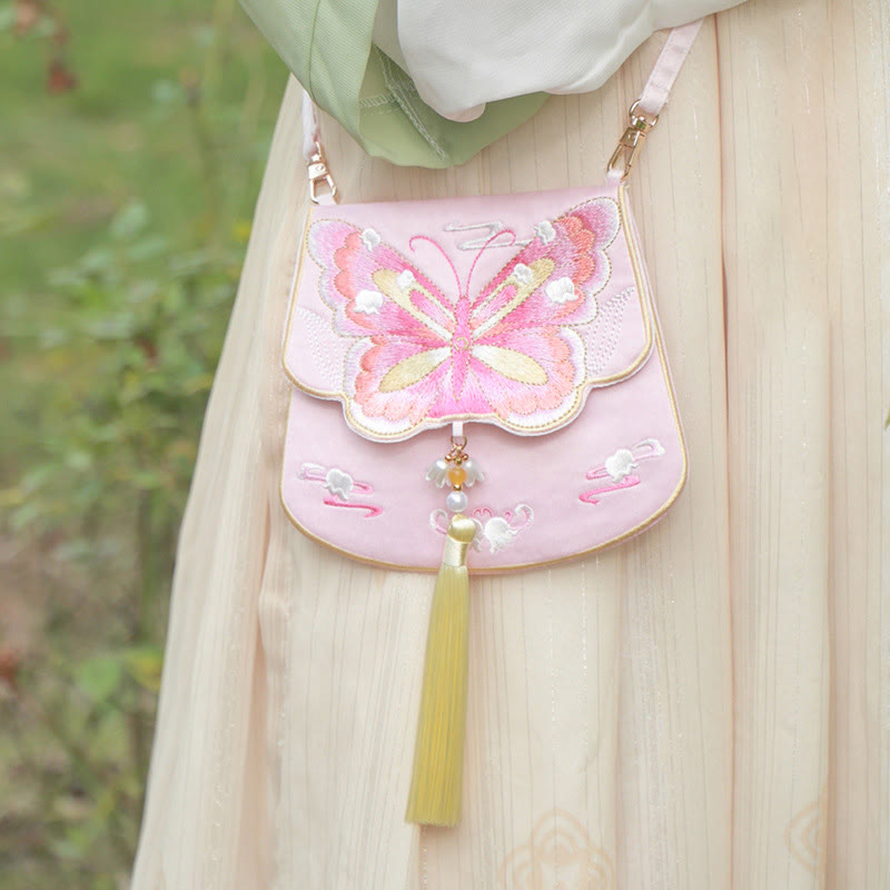 Sac à bandoulière avec broderie de Buddha Stones et de Lotus, poisson Koi, lapin, fleur, Hanfu - Papillon clochette rose - image 24