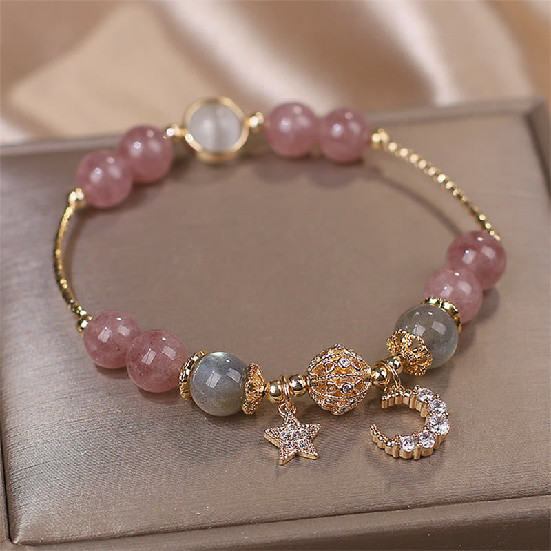 Bracelet d'amour en pierre de lune, étoile et lune en quartz fraise et Buddha Stones