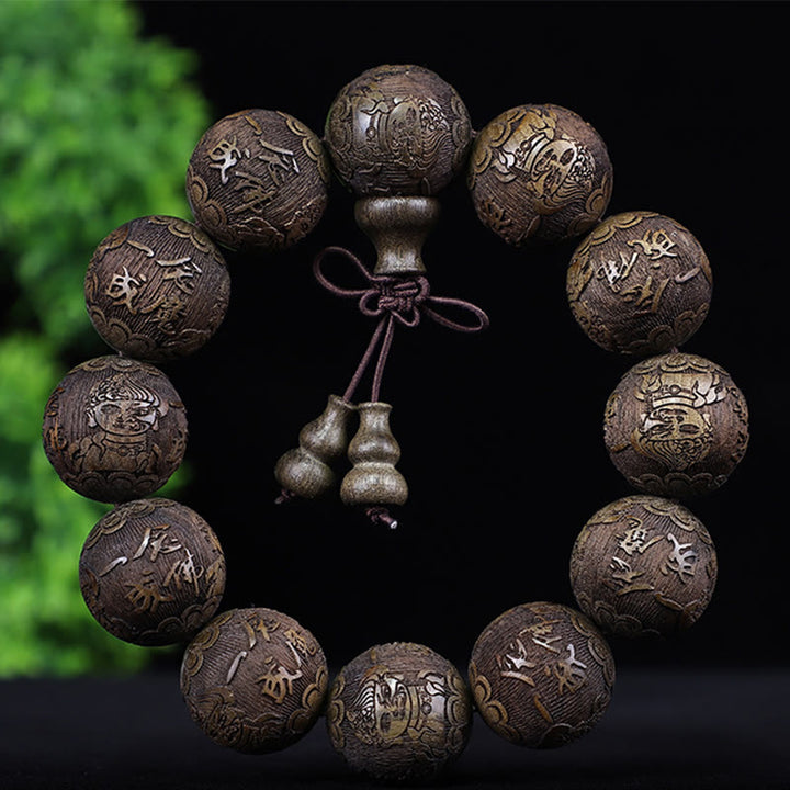 Bracelet de chaleur sculpté PiXiu en bois de rose, ébène, pièce de cuivre et Buddha Stones, signe du zodiaque chinois