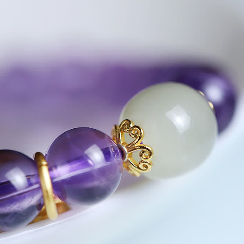 Bracelet de guérison en jade Hetian Buddha Stones et cristal d'améthyste naturel