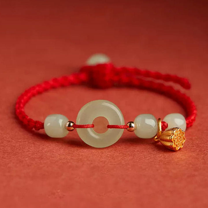 Bracelet en corde avec boucle ronde en Buddha Stones et lotus de jade pour la paix, le bonheur, l'abondance et la richesse - Rouge lotus (tour de poignet 14-18 cm) - image 3