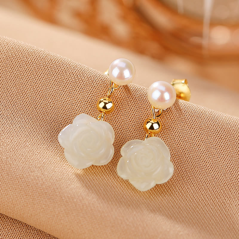 Buddha Stones d'oreilles porte-bonheur en argent sterling 925 plaqué or et jade rose avec perles de jade cyan