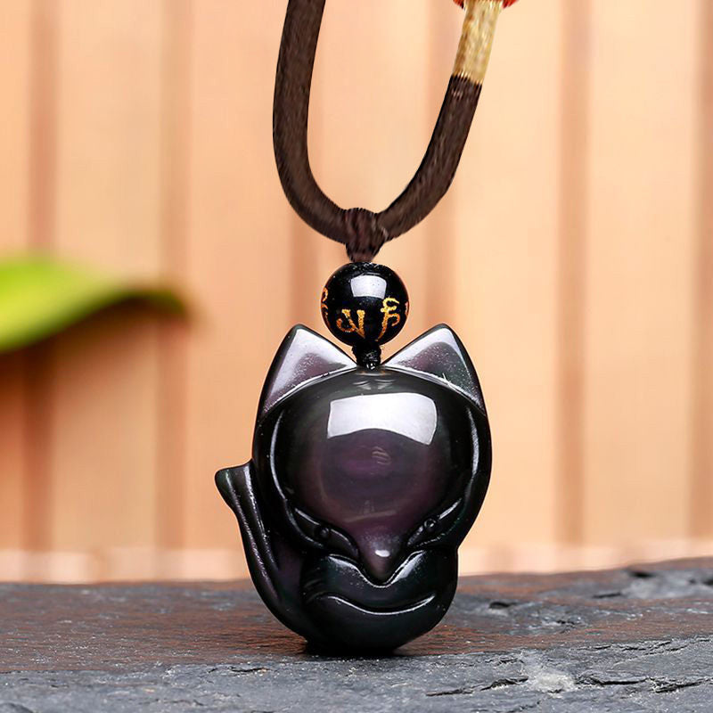 Collier pendentif positif en obsidienne arc-en-ciel naturelle Buddha Stones et obsidienne dorée brillante à neuf queues - Renard en obsidienne arc-en-ciel - image 11