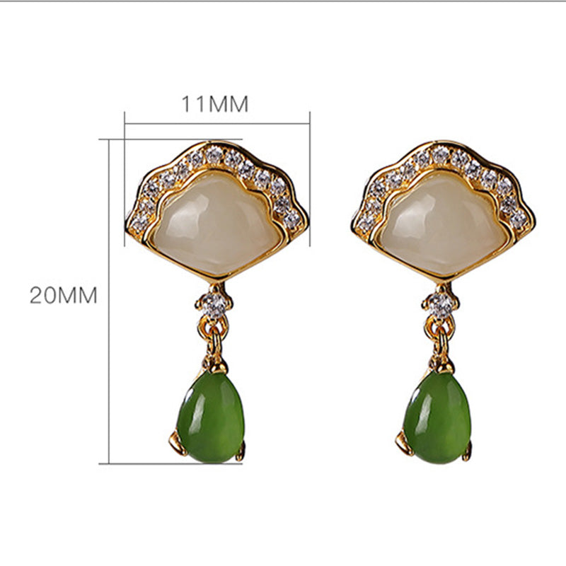 Boucles d'oreilles pendantes porte-bonheur en forme d'éventail en jade blanc et jade cyan Buddha Stones
