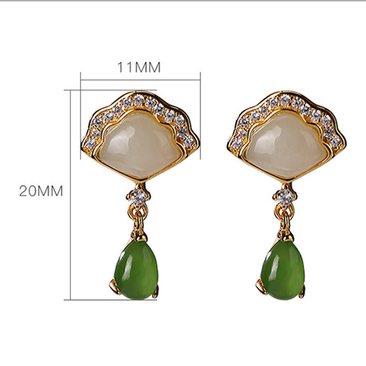 Boucles d'oreilles pendantes porte-bonheur en forme d'éventail en jade blanc et jade cyan Buddha Stones