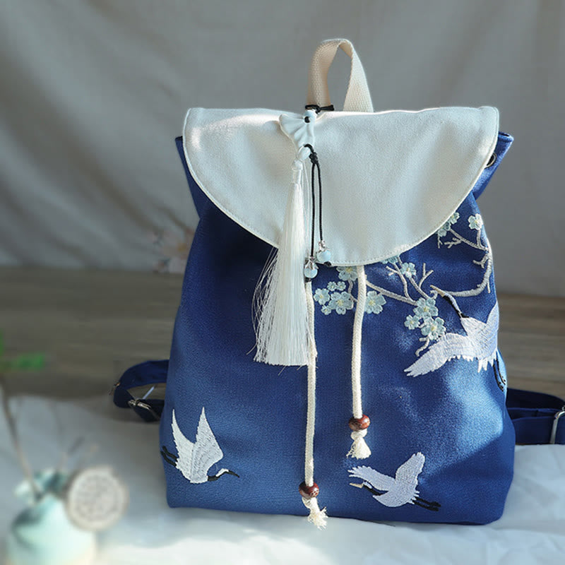 Sac à dos en toile de grande capacité brodé à la main avec Buddha Stones - Grue bleue et blanche - image 22