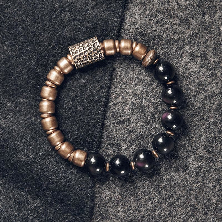 Bracelet de guérison en cuivre Buddha Stones et pierre de lave, obsidienne arc-en-ciel