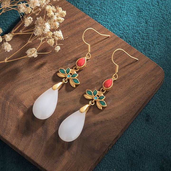 Boucles d'oreilles pendantes porte-bonheur en jade blanc Feng Shui Buddha Stones