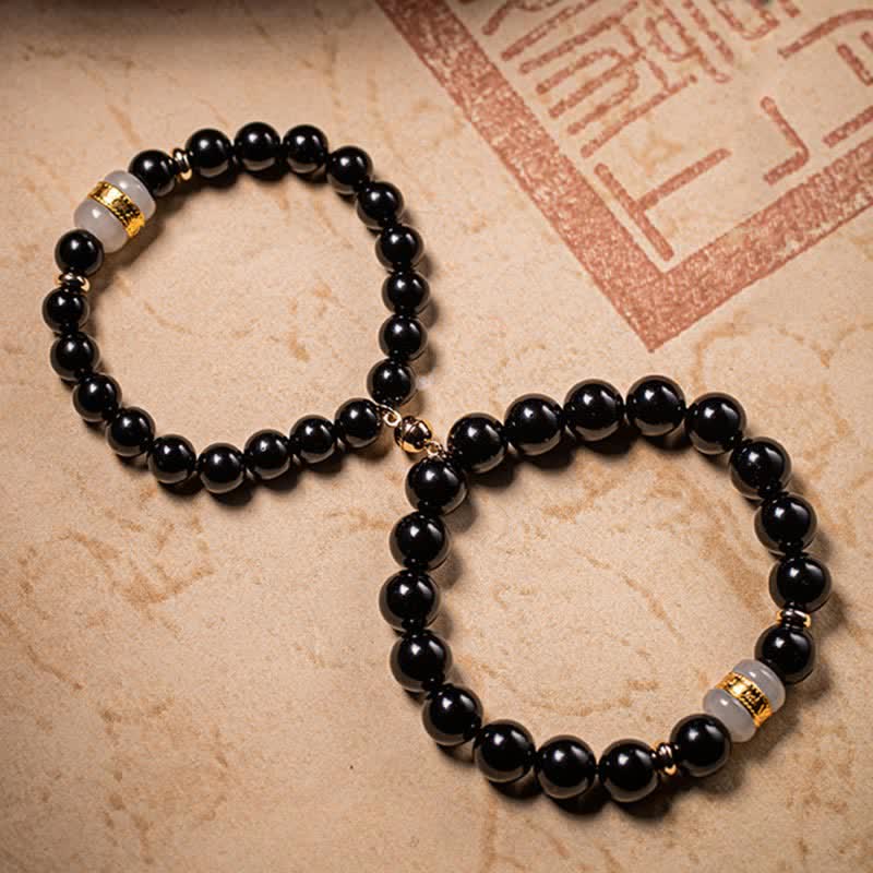 Bracelet magnétique pour couple en obsidienne Buddha Stones et jade Om Mani Padme Hum