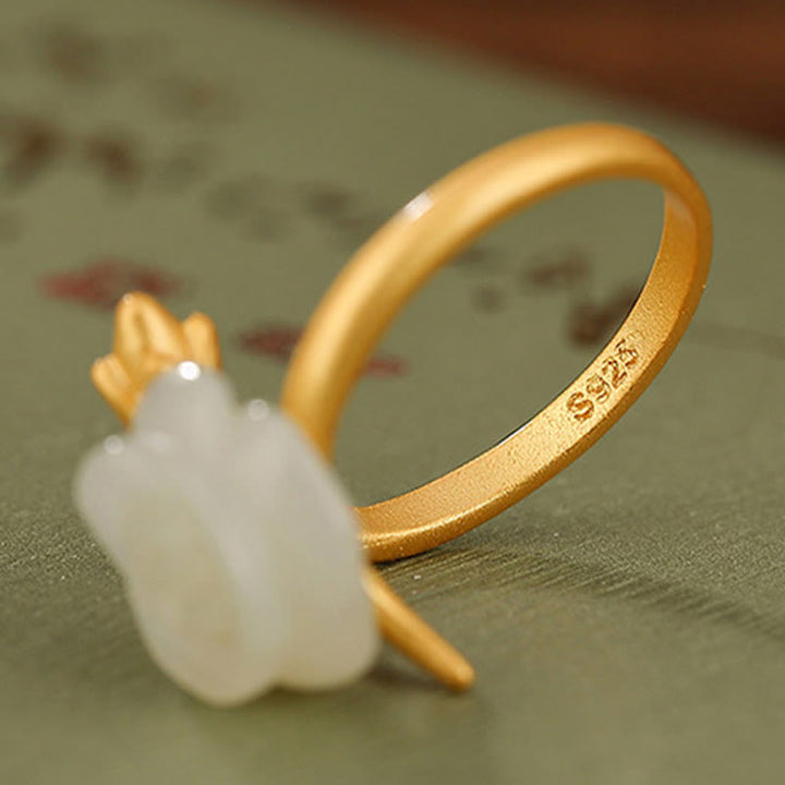 Buddha Stones 925 Argent Sterling Plaqué Or Fleur de Rose Hetian Jade Blanc Bague du Bonheur