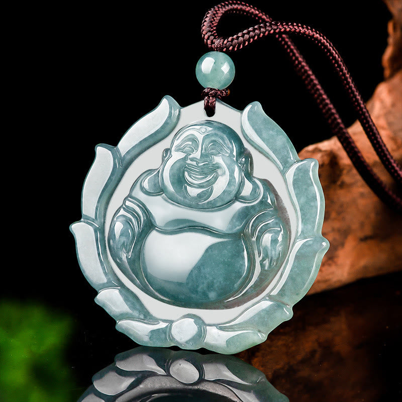Buddha Stones pendentif porte-bonheur en jade naturel avec motif de lotus et de Bouddha rieur - image 2