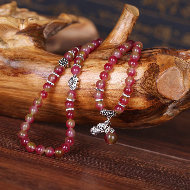 Bracelet triple tour positif en Buddha Stones, tourmaline pastèque naturelle PiXiu Elephant