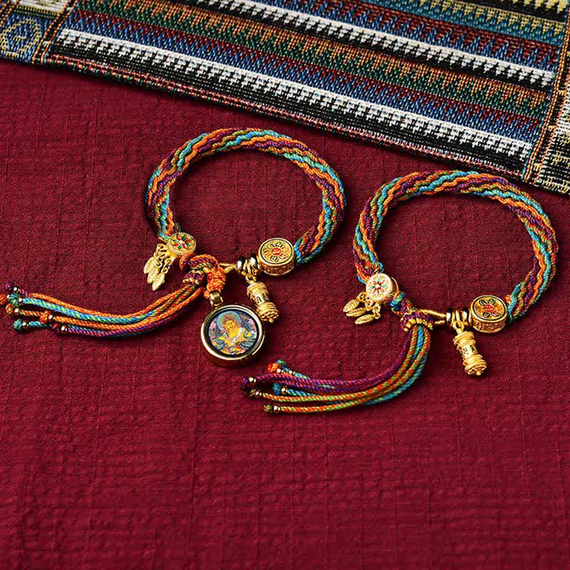 Bracelet tressé en Buddha Stones avec nœud de réincarnation et roue de prière, attrape-rêves