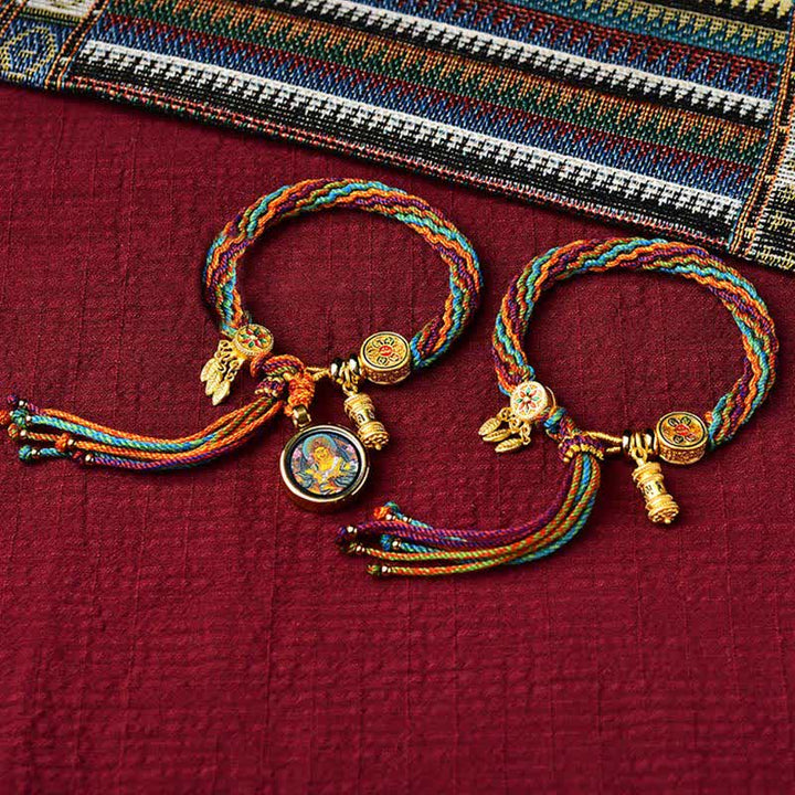 Bracelet tressé en Buddha Stones avec nœud de réincarnation et roue de prière, attrape-rêves