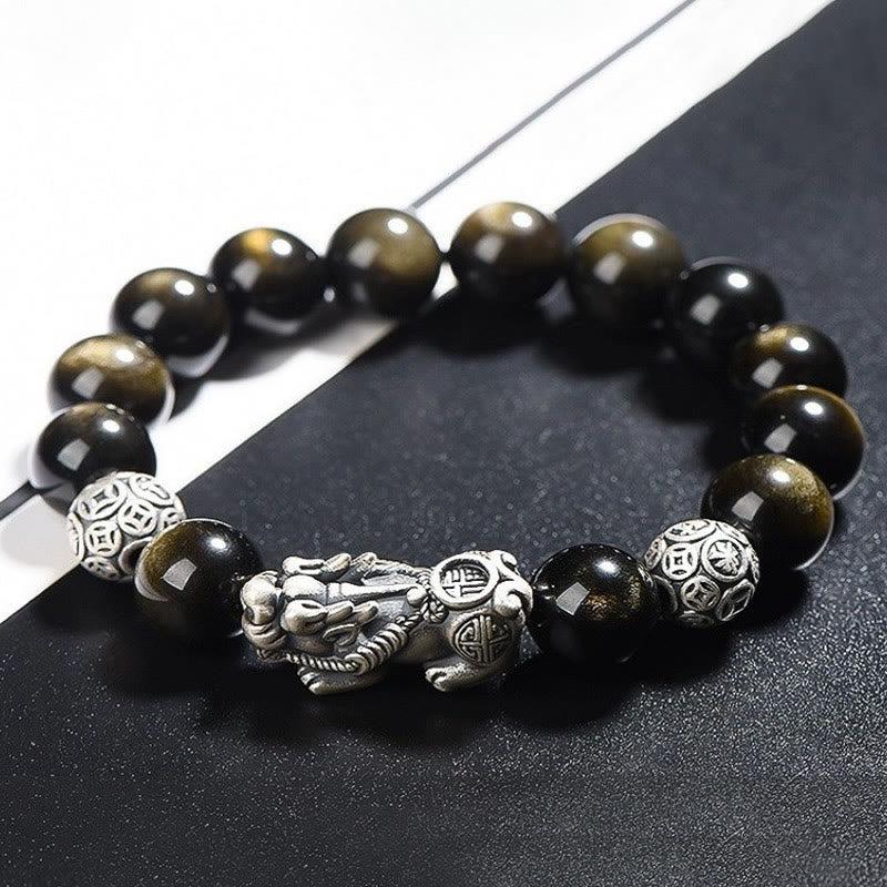 Bracelet de protection de richesse PiXiu en obsidienne naturelle dorée et argent sterling 925 Buddha Stones