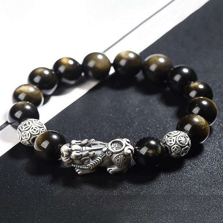 Bracelet de protection de richesse PiXiu en obsidienne naturelle dorée et argent sterling 925 Buddha Stones