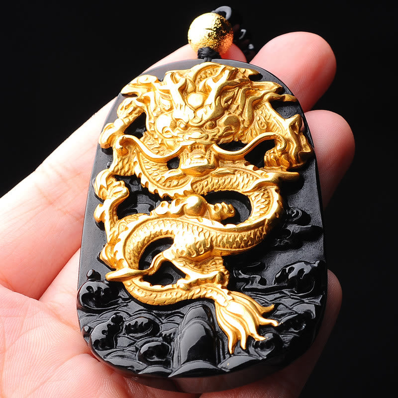 Collier pendentif porte-bonheur en obsidienne de dragon plaqué or 18 carats de Buddha Stones - image 4