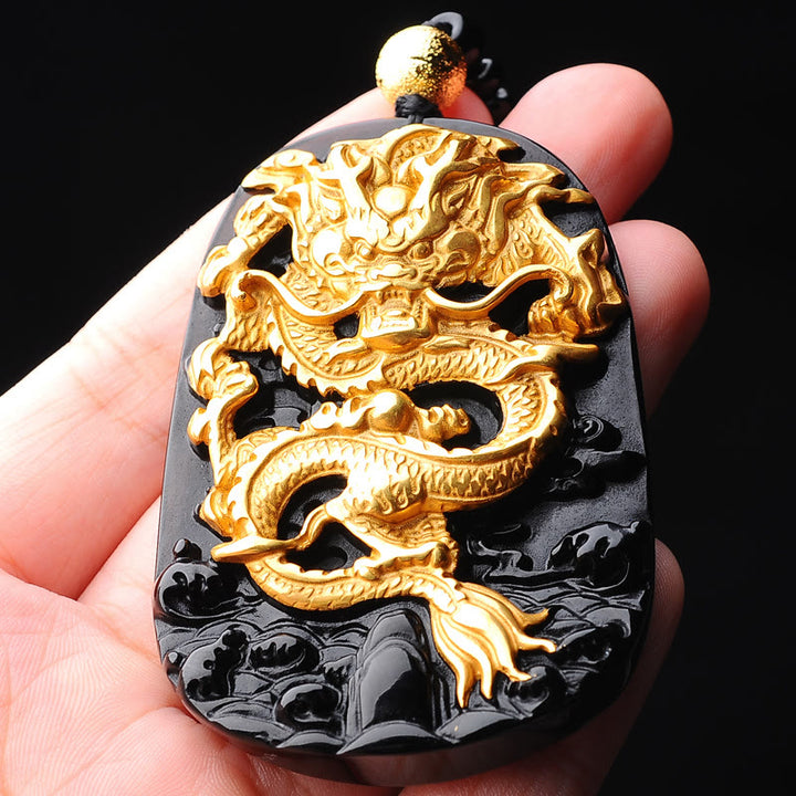 Collier pendentif porte-bonheur en obsidienne de dragon plaqué or 18 carats de Buddha Stones - image 4