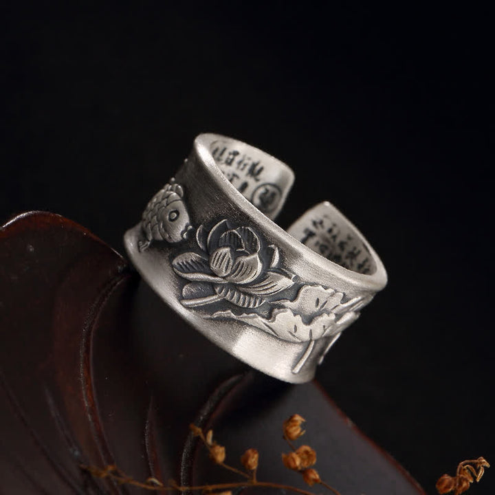 Bague porte-bonheur en argent sterling 999 Buddha Stones et poisson Koi, lotus, cœur, Sutra de la richesse