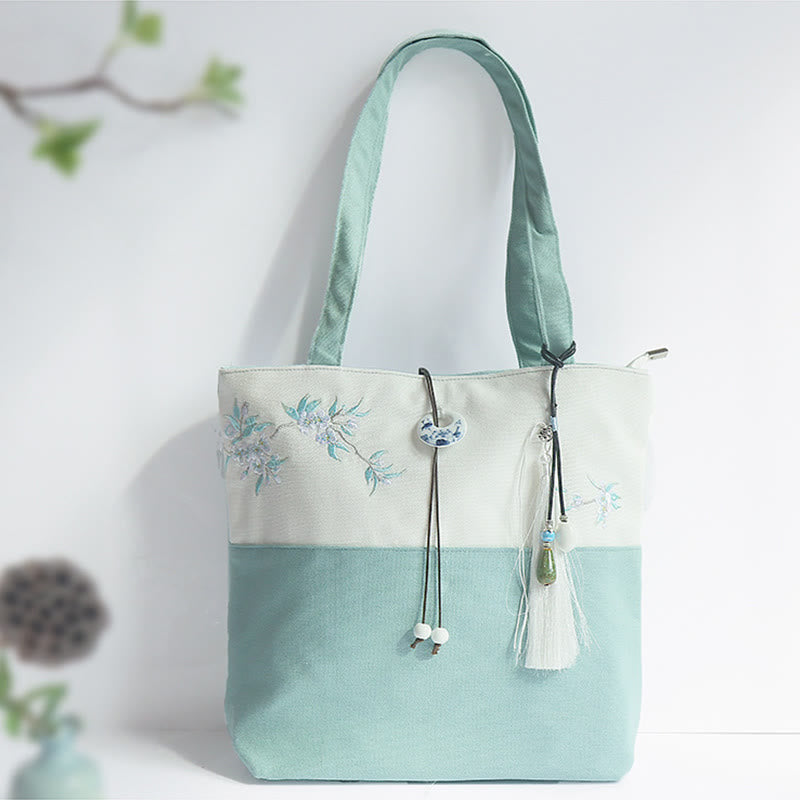 Sac à bandoulière en toile brodée de bambou avec fleur de poire, prunier, fleur de pêcher, grande capacité, sac fourre-tout