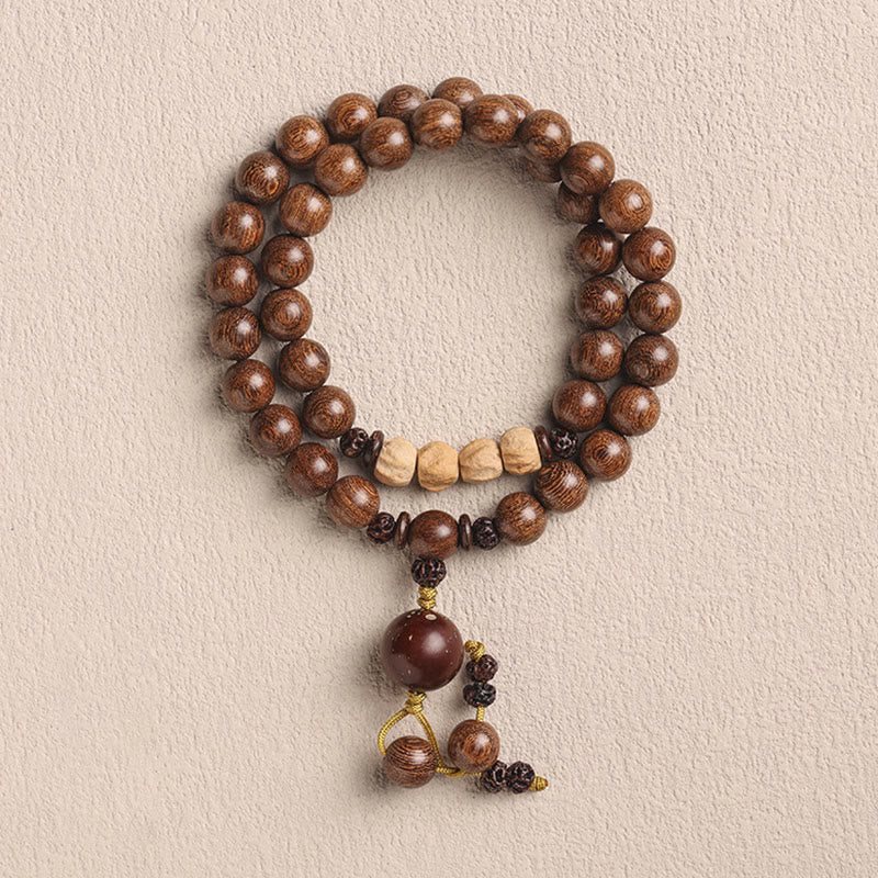 Bracelet double tour de purification en bois de santal et petites feuilles de bois de santal rouge et pierres de Buddha Stones