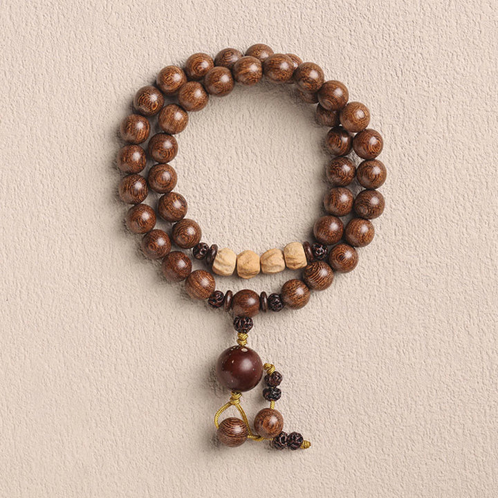 Bracelet double tour de purification en bois de santal et petites feuilles de bois de santal rouge et pierres de Buddha Stones
