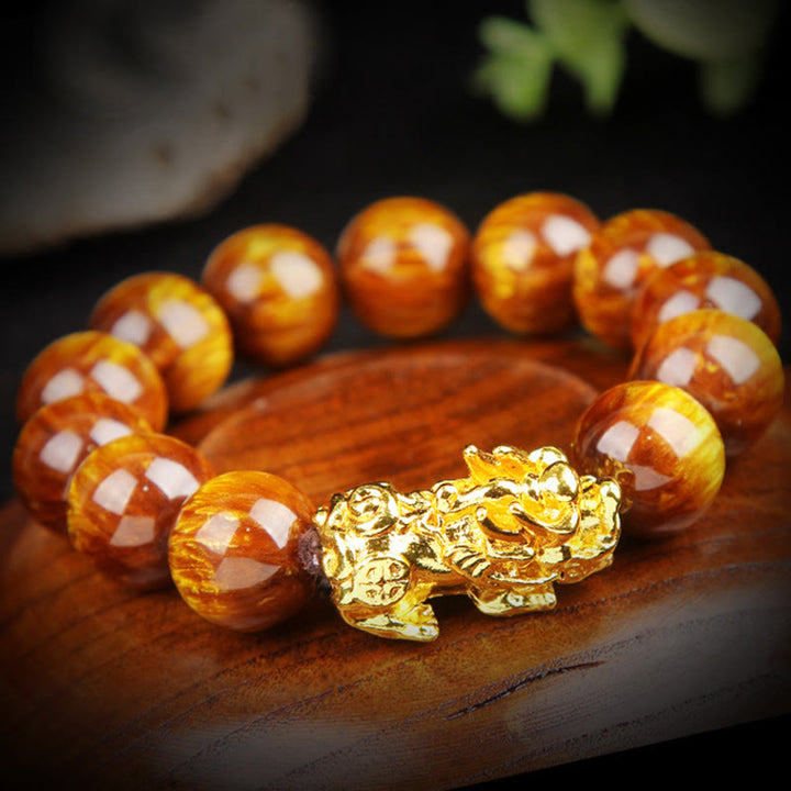 Bracelet Pixiu abondant en œil de tigre doré et Buddha Stones