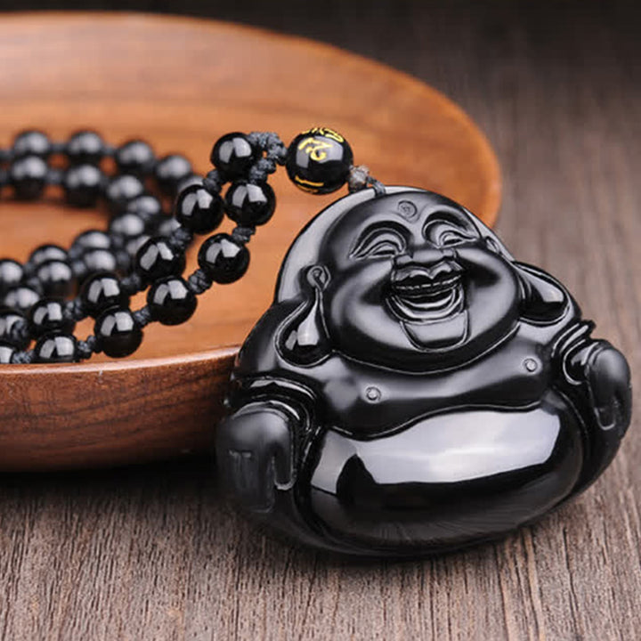 Collier pendentif Bouddha rieur en obsidienne noire transformant Buddha Buddha Stones